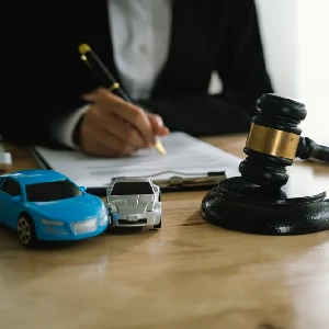 Motor vehicle accident case with damaged vehicles and legal representation